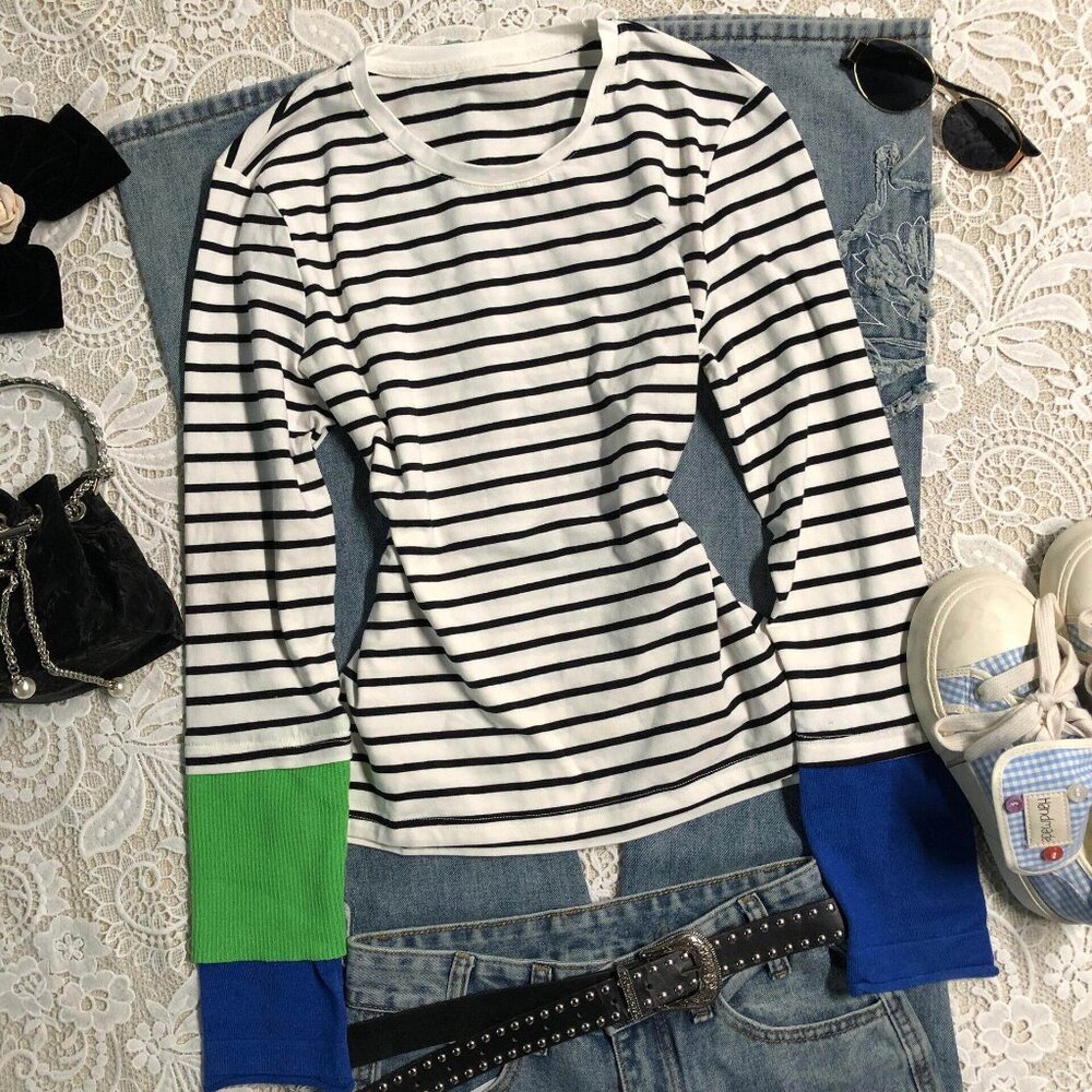 Original White Striped Patchwork Crew Neck Long S… - image 2
